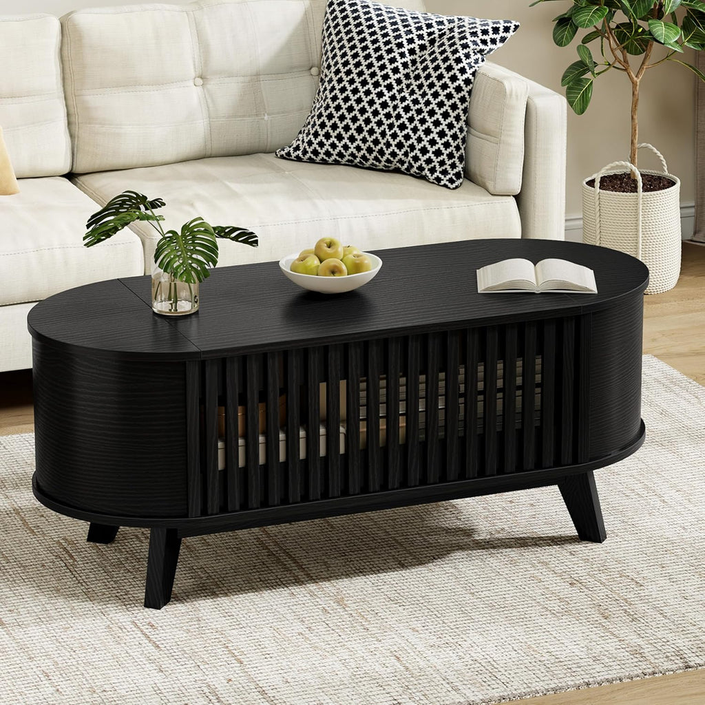 Oval Coffee Table for Living Room with Slatted Sides Frame, Modern Lift Top Coffee Table with Storage Hidden Compartment, Lift Tabletop Dining Table, Curved Corner, 40inch, Black