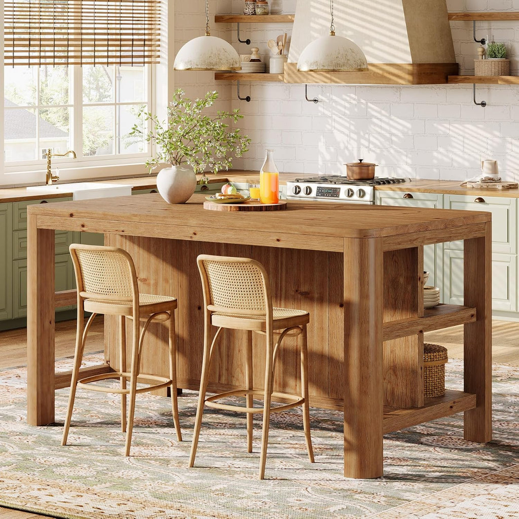 63-Inch Solid Wood Kitchen Island with Storage Shelves, Farmhouse Island Table with Seating, Counter Height Bar Table for Dining Room, Kitchen, Easy to Assemble, Natural Wood