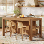 63-Inch Solid Wood Kitchen Island with Storage Shelves, Farmhouse Island Table with Seating, Counter Height Bar Table for Dining Room, Kitchen, Easy to Assemble, Natural Wood