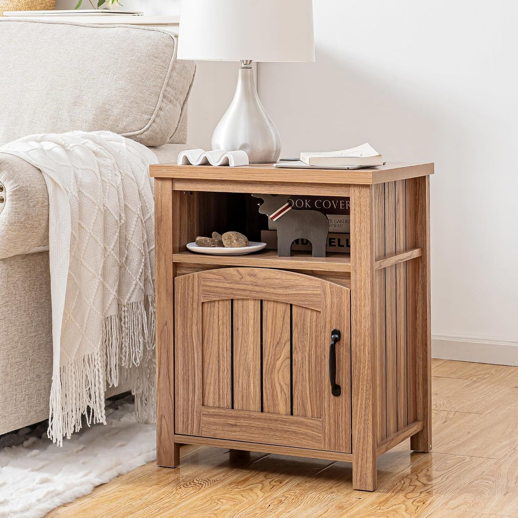 Farmhouse Nightstand with Charging Station, 18" End Table with Adjustable Storage Shelf, Rustic Wood Sofa Side Table with Door for Living Room, Bedroom, Oak