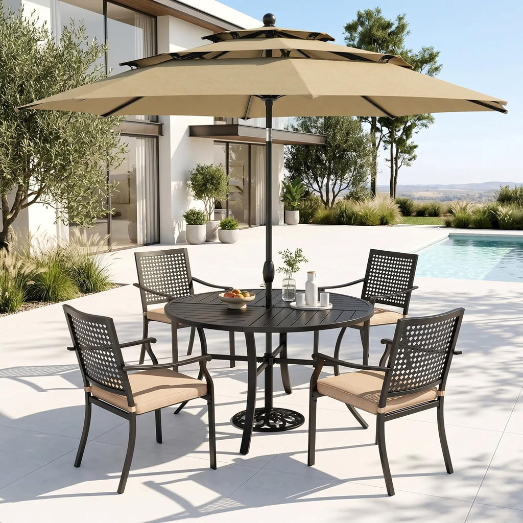 PHI VILLA Patio Round Table w/Umbrella Hole, Metal Table for 4, Black | 42" wrought iron dining table. Slatted top design, weather resistant. Perfect for outdoor deck, porch, backyard.