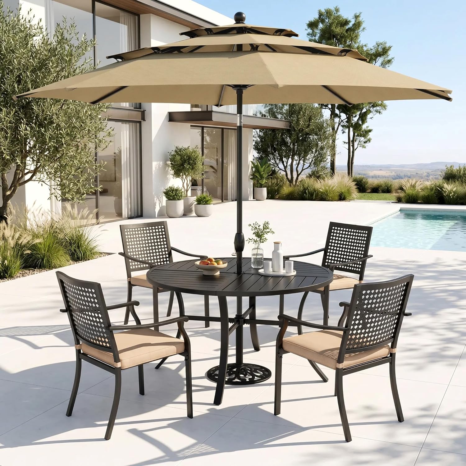 PHI VILLA Patio Round Table w/Umbrella Hole, Metal Table for 4, Black | 42" wrought iron dining table. Slatted top design, weather resistant. Perfect for outdoor deck, porch, backyard.