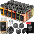 EDELHAUS Glass Spice Jars with Label and Space Gray Rotating Lids (24 x 4oz) Spice Containers with 240 Labels, Shaker Inserts, Steel Funnel, Empty Square Containers