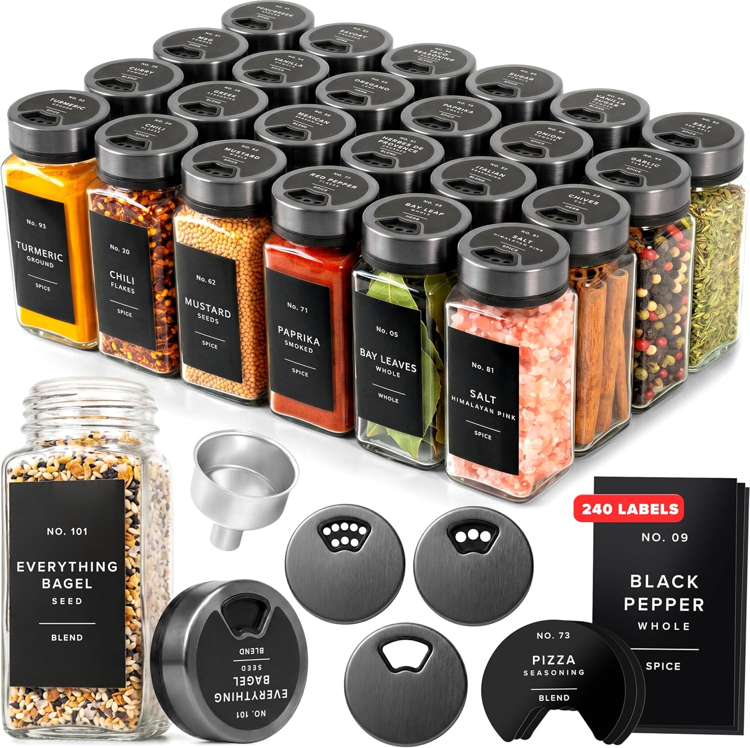 EDELHAUS Glass Spice Jars with Label and Space Gray Rotating Lids (24 x 4oz) Spice Containers with 240 Labels, Shaker Inserts, Steel Funnel, Empty Square Containers