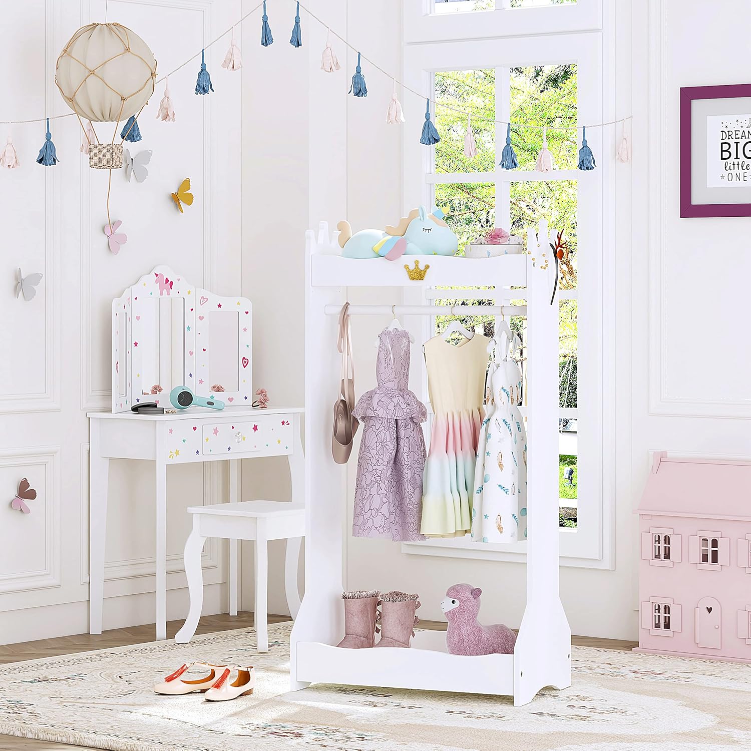 UTEX Kids Dress Up Storage, Kids' Costume Organizer Center, Open Hanging Armoire Closet, Kids Armoire with Rack for Toddler 3 Age+, White