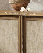 Yechen Buffet Cabinet with Storage, 63" Wide Sideboard with Solid Wood Handles and Rattan Look Accent Doors, Flexible Shelves, for Living Room, Kitchen, Natural Walnut