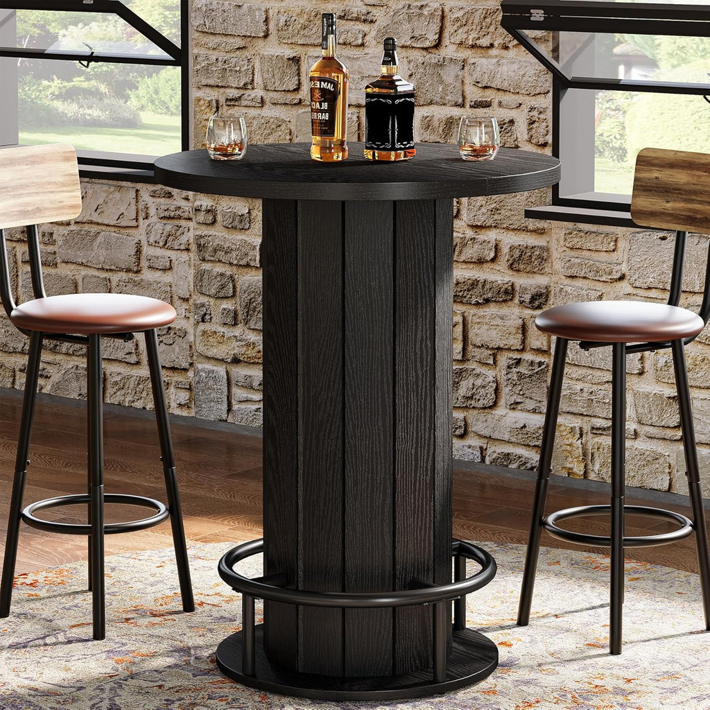 Tribesigns Round Bar Table, 39.4" H Wood Bistro Pub Table with Metal Ring Footrest for Dining Coffee Cocktail Living Room, Small Space, Black (Only Table)