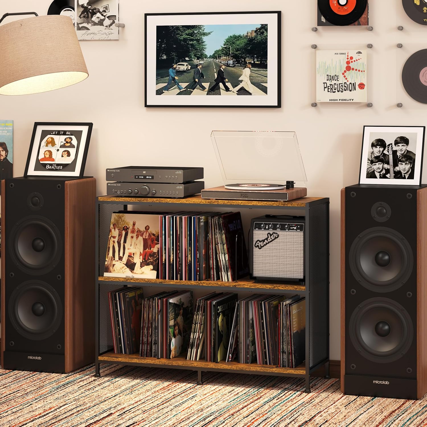 3-Tier Vinyl Record Storage: Vintage Player Table with Spacious Storage - Up to 450 Records, Turntable Stand with Adjustable Dividers, Extra Top Surface for Audio Equipment, Perfect for Living Room