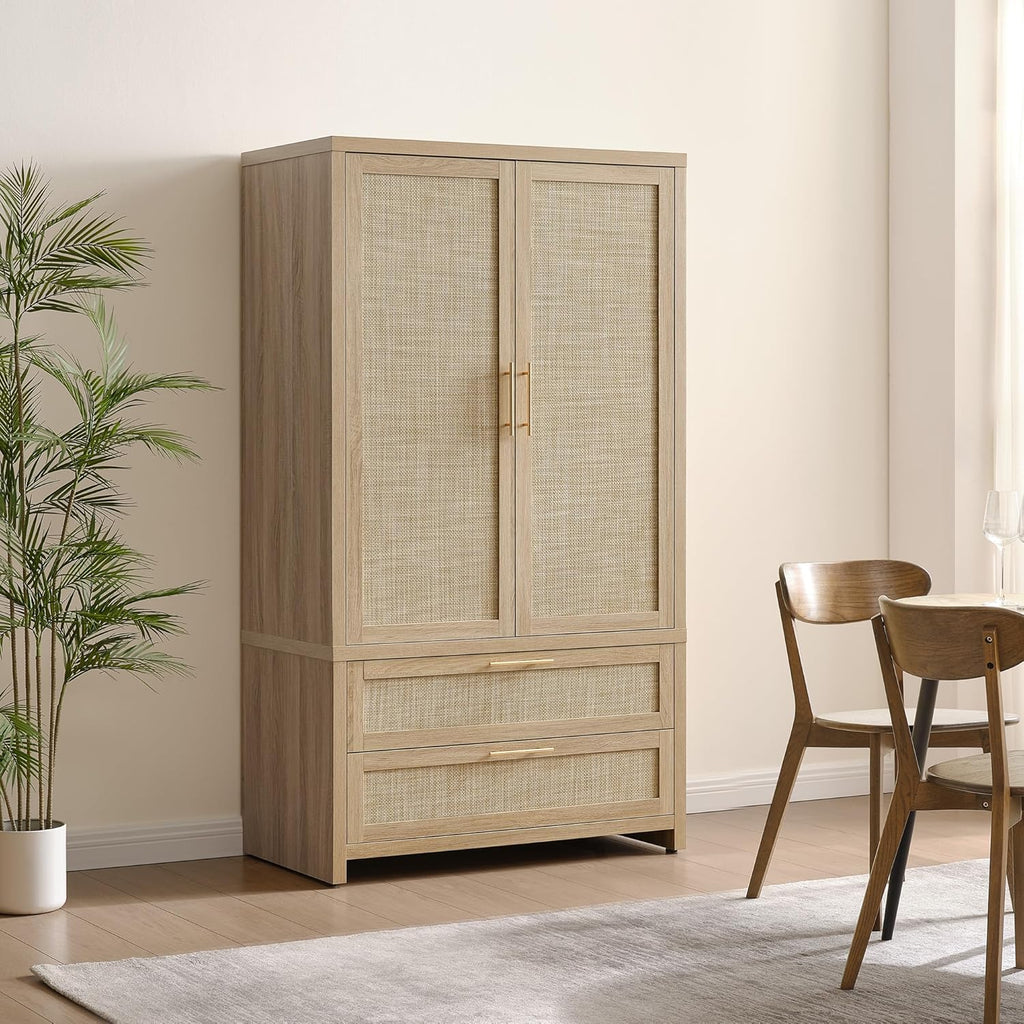 SICOTAS 71 inch Rattan Wardrobe Closet : Armoire Wardrobe with Drawers | Farmhouse Boho Storage Cabinet with Hanging Rod, Large-Capacity Deep Armoire Clothes Organizer for Bedroom, Cloak Room