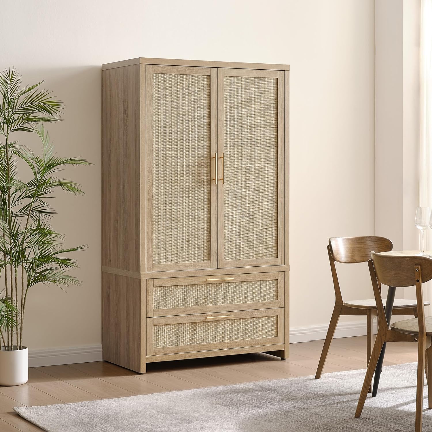 SICOTAS 71 inch Rattan Wardrobe Closet : Armoire Wardrobe with Drawers | Farmhouse Boho Storage Cabinet with Hanging Rod, Large-Capacity Deep Armoire Clothes Organizer for Bedroom, Cloak Room