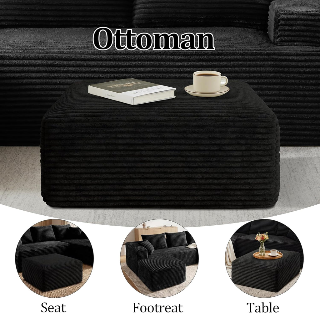 Corduroy Ottoman, Modern Boneless Cloud Foot Rest Foam Support, Oversized Modular Sectional Sofa Stool for Living Room, Bedroom & Small Spaces, No Assembly Required (Black, Ottoman)