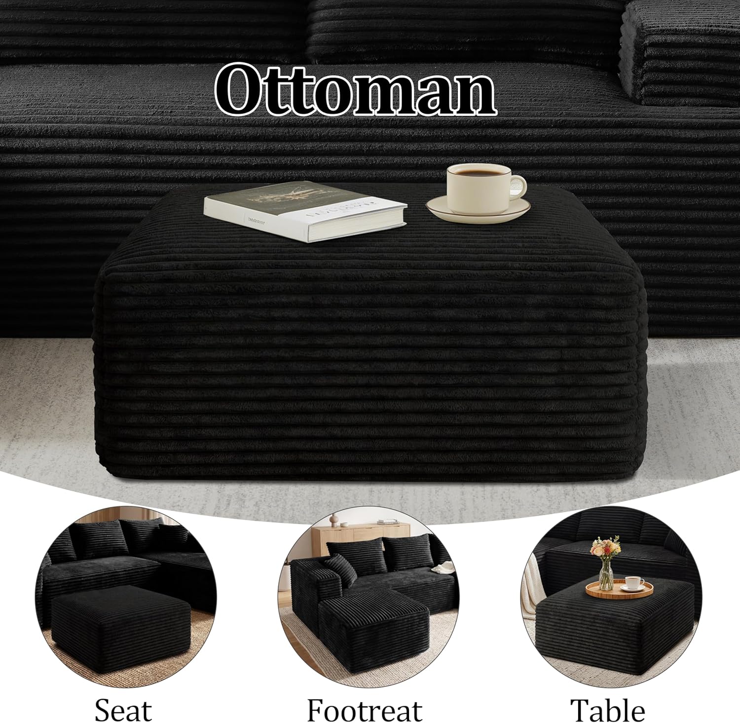 Corduroy Ottoman, Modern Boneless Cloud Foot Rest Foam Support, Oversized Modular Sectional Sofa Stool for Living Room, Bedroom & Small Spaces, No Assembly Required (Black, Ottoman)