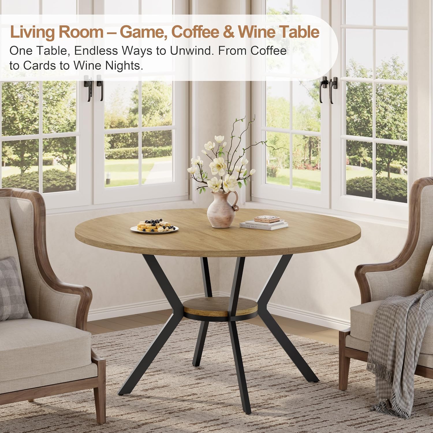 MECHYIN 42'' Round Dining Table for 2–4, Farmhouse Round Kitchen Table with Storage Shelf, Pedestal Dinner Table, Wood Top & Metal Base, Small Space Table for Apartment, Dining Room, Light Oak