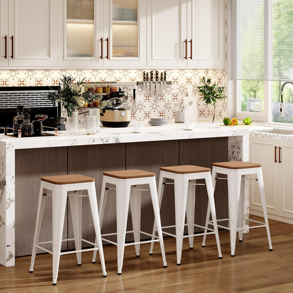 Andeworld Bar Stools Set of 2 Stackable Metal Bar Stools Industrial Counter Height Stools Backless Barstools with Wooden Seats (26 inch, White with Wooden Seats)