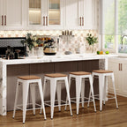 Andeworld Bar Stools Set of 2 Stackable Metal Bar Stools Industrial Counter Height Stools Backless Barstools with Wooden Seats (26 inch, White with Wooden Seats)