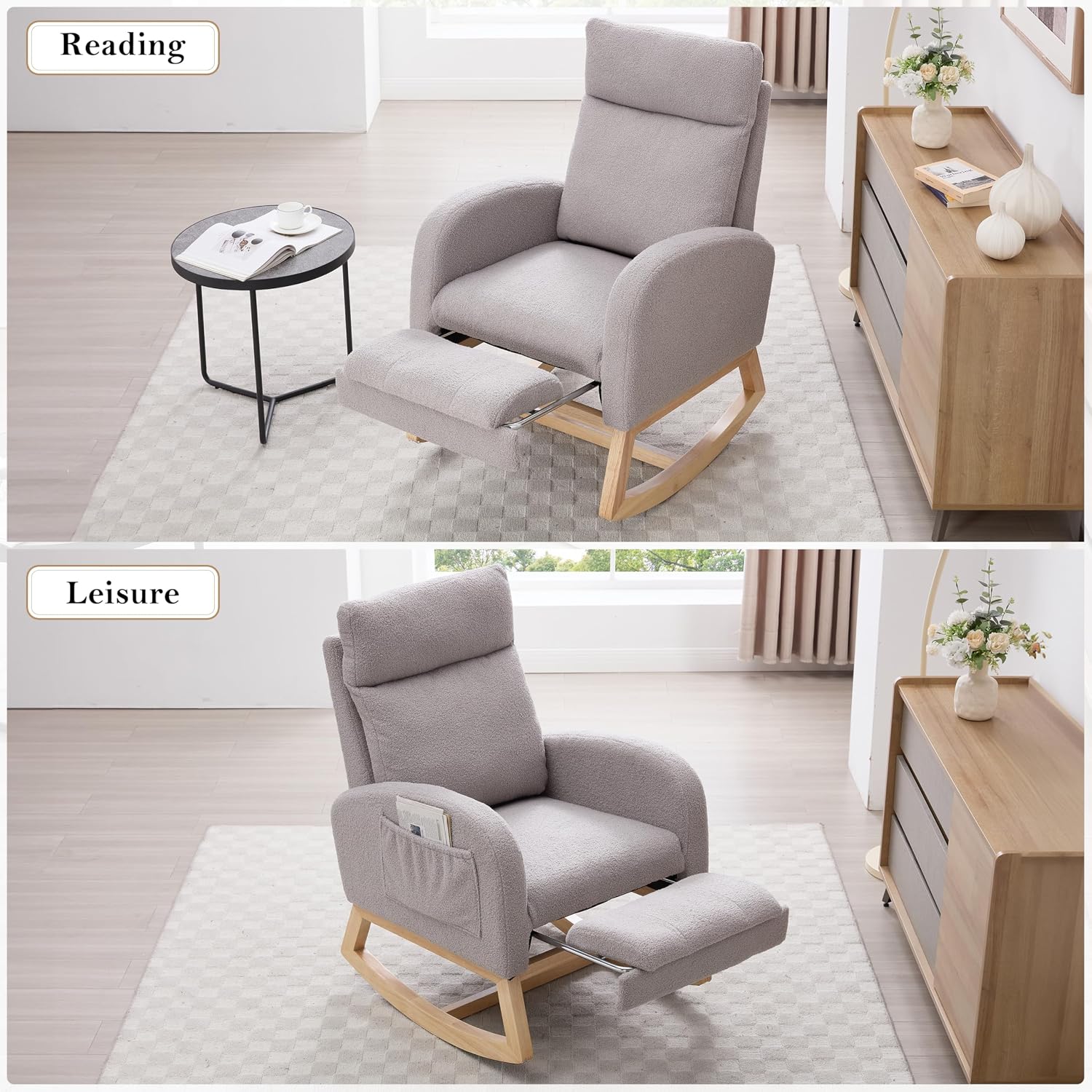 Rocking Chair, Nursery Rocking Chair, Teddy Fabric Accent Chair with Adjustable Footrest, Headrest, Side Pocket, Solid Wood Base, Light Gray