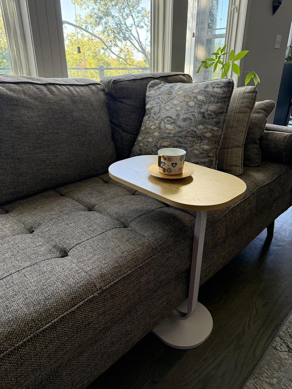C Shape End Table with Oval Top, Wood Brown Beige Grain and White Metal Base, Sofa Side Table for Coffee and Laptop