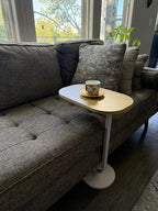 C Shape End Table with Oval Top, Wood Brown Beige Grain and White Metal Base, Sofa Side Table for Coffee and Laptop