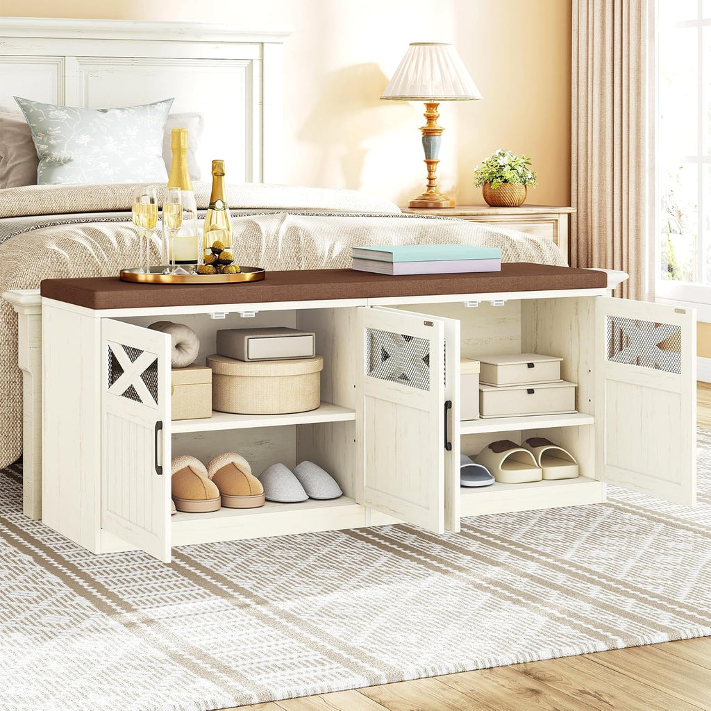 Hzuaneri 2 Tier Shoe Storage Bench with Doors, 47.2" Farmhouse Shoe Bench with Padded Cushion, 12 Pairs of Bed End Bench, Entryway Bench with Storage for Bedroom, Living Room, Rustic White SB61214KA