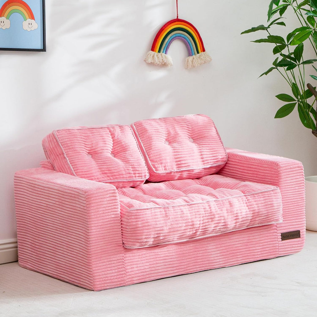 MAXYOYO Kids Bean Bag Chair, Upholstered Bean Bag Sofa Cloud 2-Seat for Boys and Girls, Boneless Couch with Tufted Cushion & Pillows, Kids Sofa in A Box, No Assembly Required, Pink