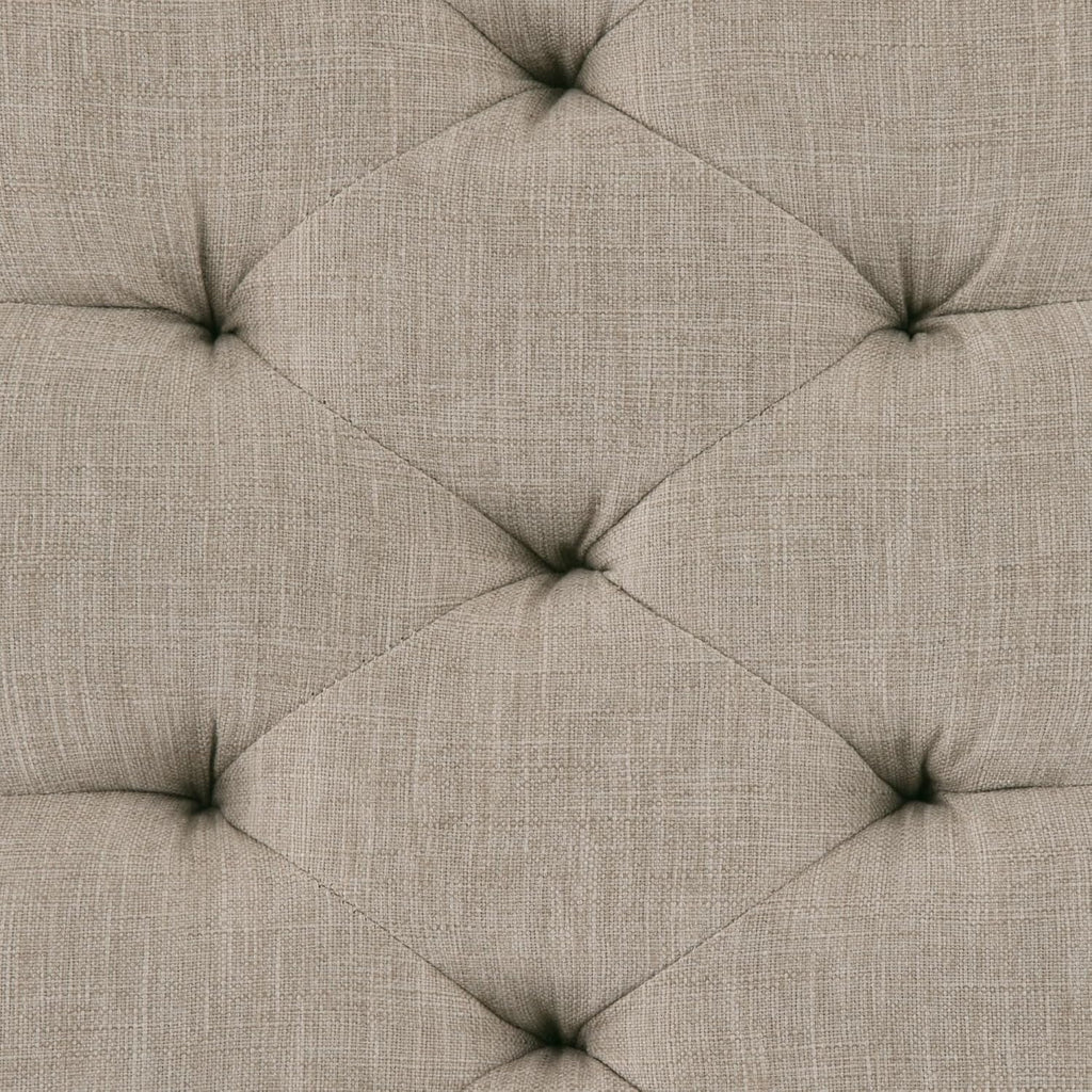 SIMPLIHOME Waverly Tufted Ottoman Bench - 48 inch Wide Upholstered Linen Look Fabric Rectangle Footstool Ottoman in Wheat Beige, Traditional Bench for Entryway or Living Room with Carved Legs