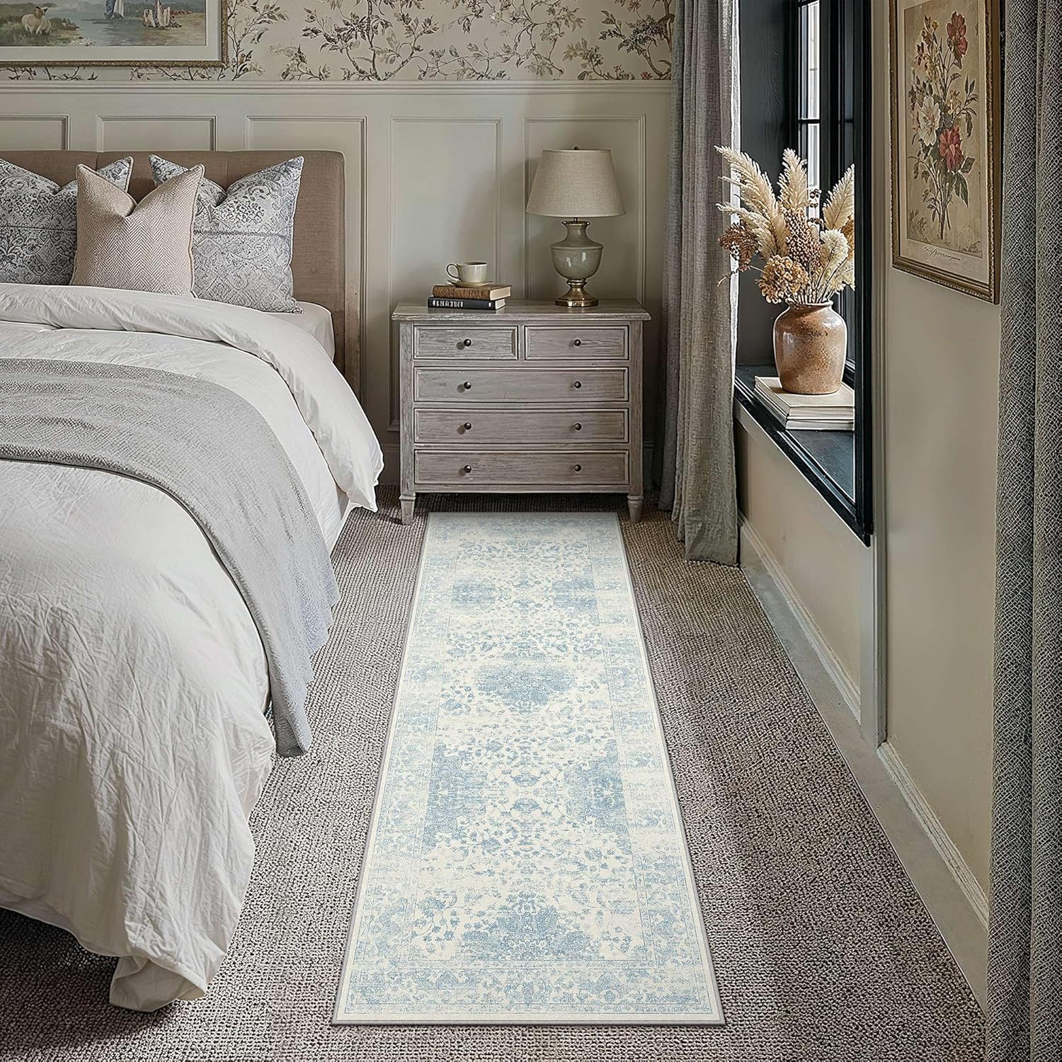 HUGEAR Blue 2x6 Runner Rugs Washable for Hallway Soft Vintage Rug Carpet Non-Shedding & Non-Slip Indoor Home Decor Living Room Bedroom Dining Room Laundry Kitchen Low Pile Floor Mat