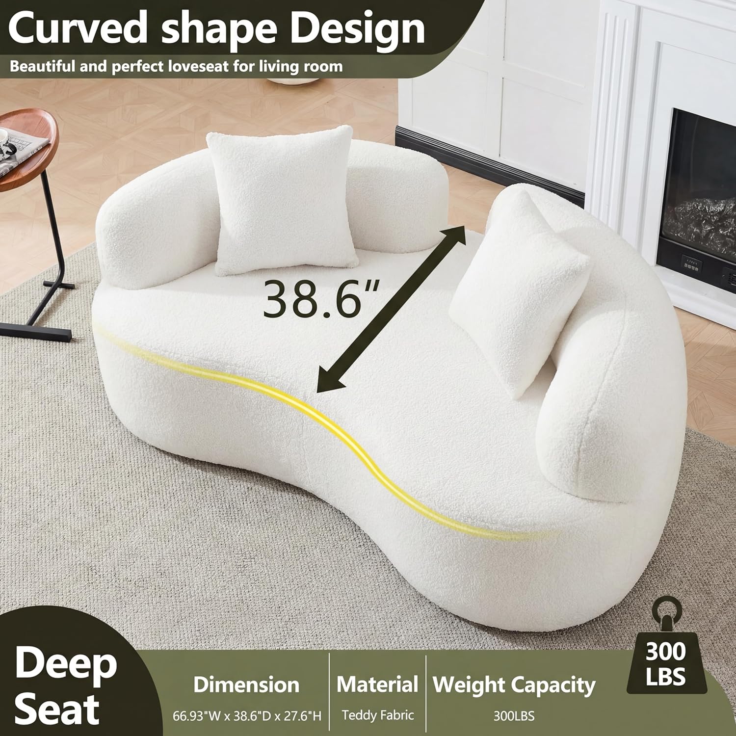 67”Curved Loveseat Sofa for Living Room, Deep Seat Love Seat Couch with 2 Throw Pillows, Modern Loveseat Adopt Teddy Fabric, Suitable Small Spaces The Cloud Loveseat, No Assembly Needed, White