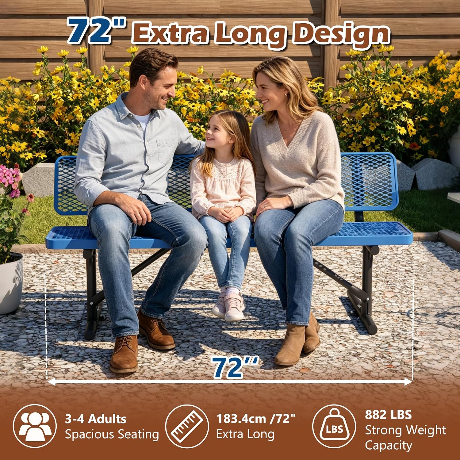 ZeHuoGe 72" Heavy Duty Metal Picnic Bench for 3-4 Adults, 882 LBS Outdoor Bench with Diamond Mesh Top – for Garden, Patio, Park, School, Commercial