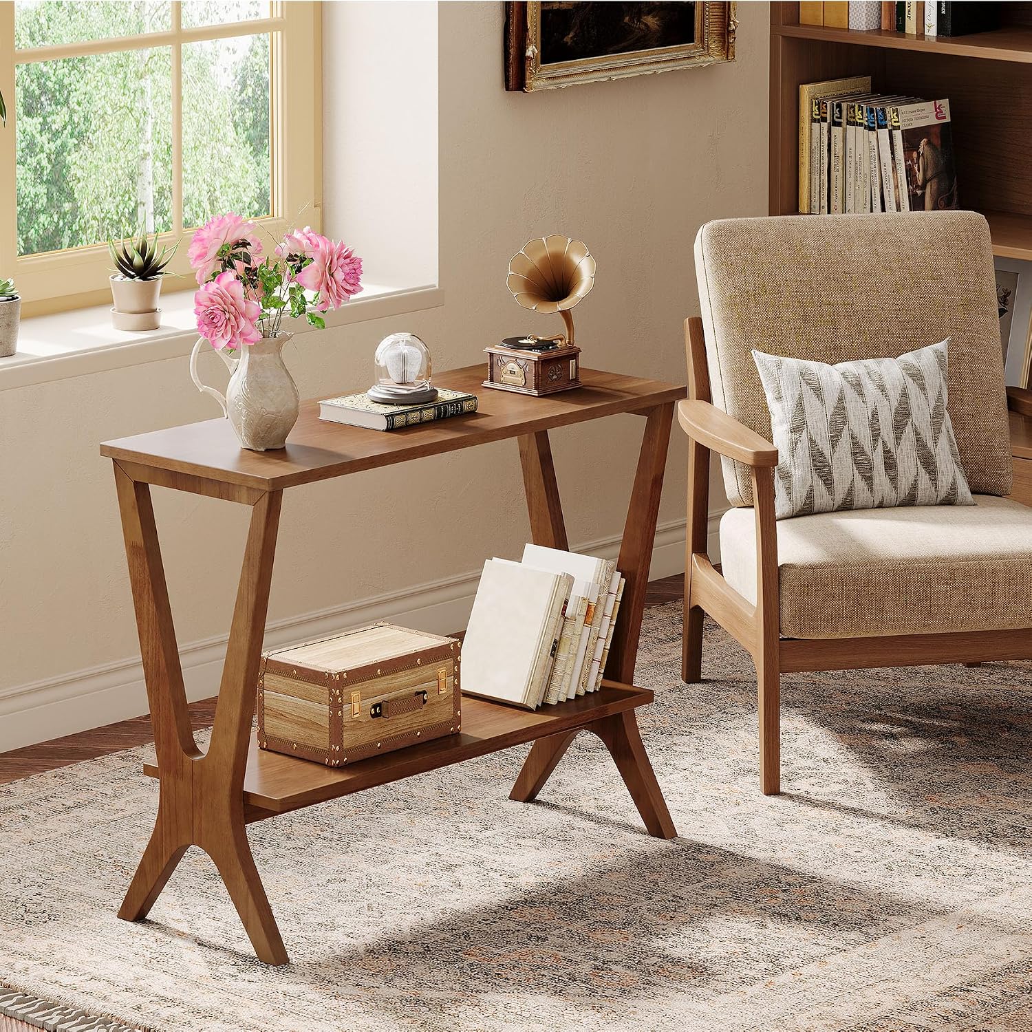 Solid Wood End Table for Living Room, 2-Tier Storage Shelves Sofa Couch Side Table with Sturdy Legs, Wooden Narrow Retro Nightstand for Small Spaces, Bedroom, Apartment