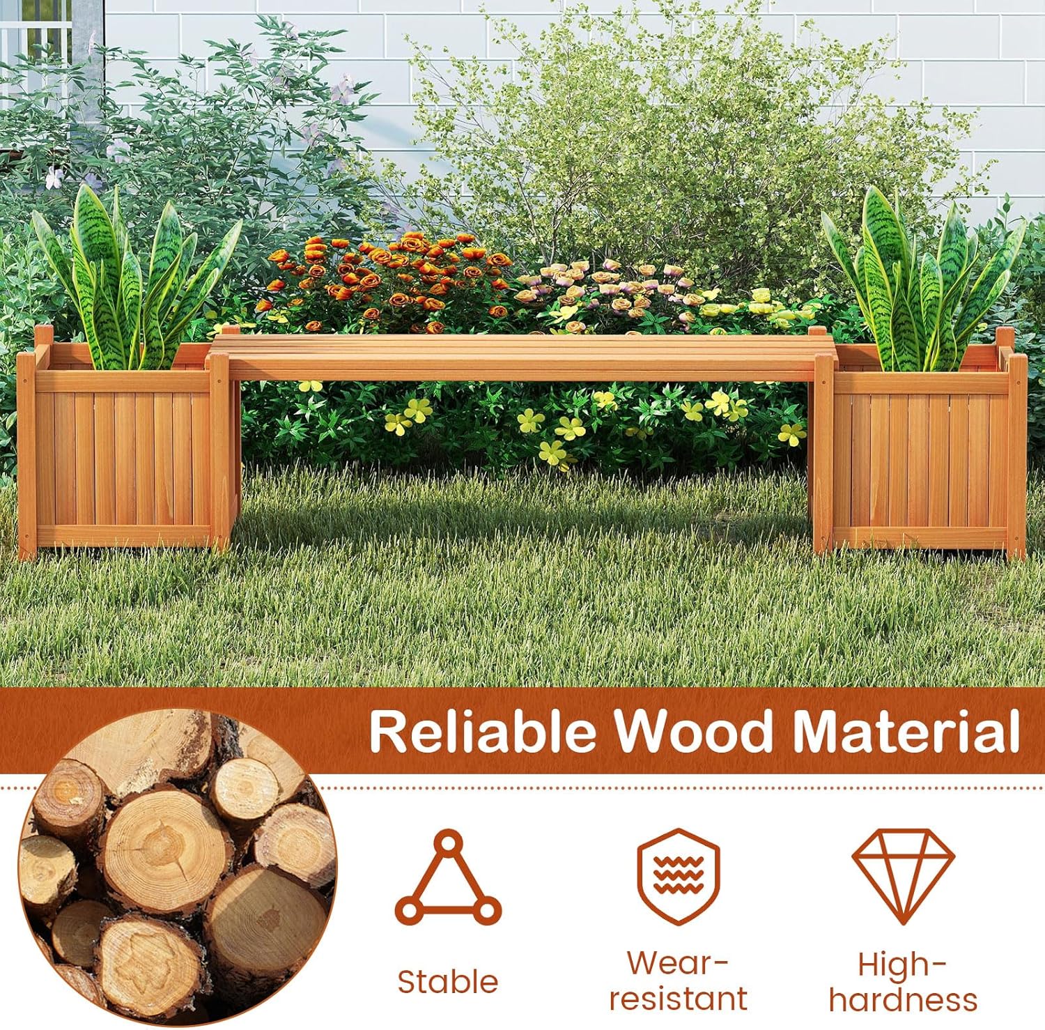 Planter Box Bench Outdoor, Wood Patio Bench with 2 Wood Planter Boxes, Raised Plant Container Garden Bench for Outdoor, Patio, Yard, Deck & Balcony