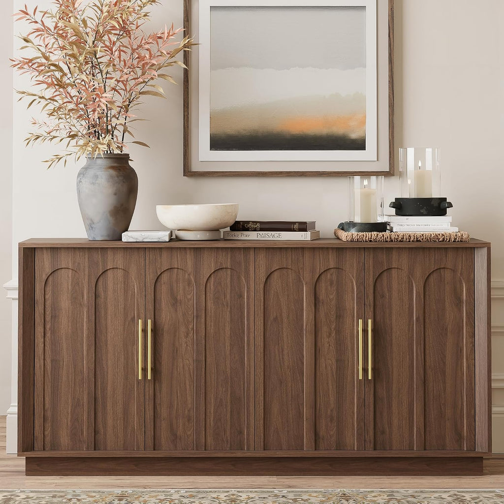 FORTUNETEC Sideboard Buffet Cabinet with Storage, Mid Century Modern Accent Cabinet with Arched Doors, Modular Media Console, Minimalist Credenza for Living Room Kitchen Dining Room Entryway, Walnut