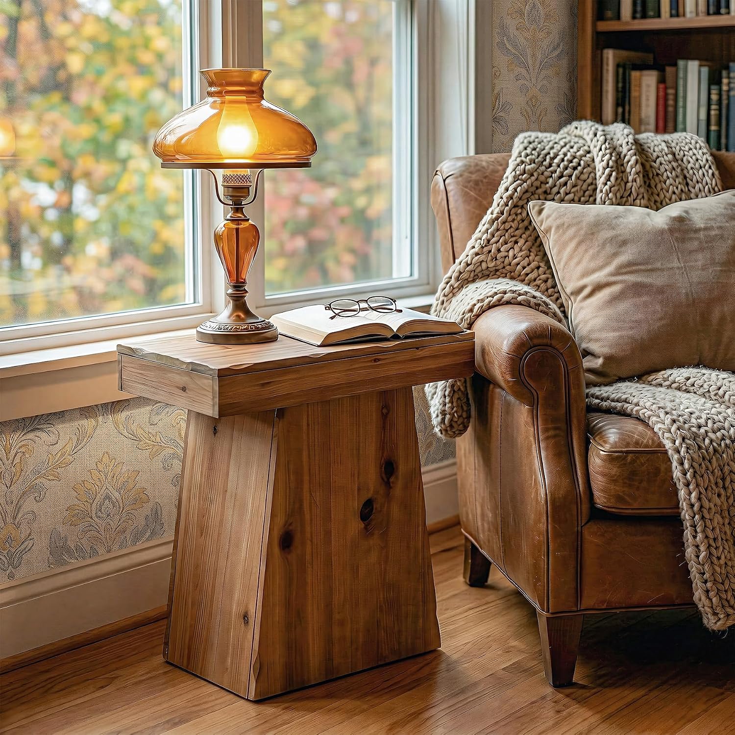 Solid End Table, 23.6" Wood Side Table with Trapezoid Base for Small Space, Living Room, Easy Assembly, Warm Walnut Brown