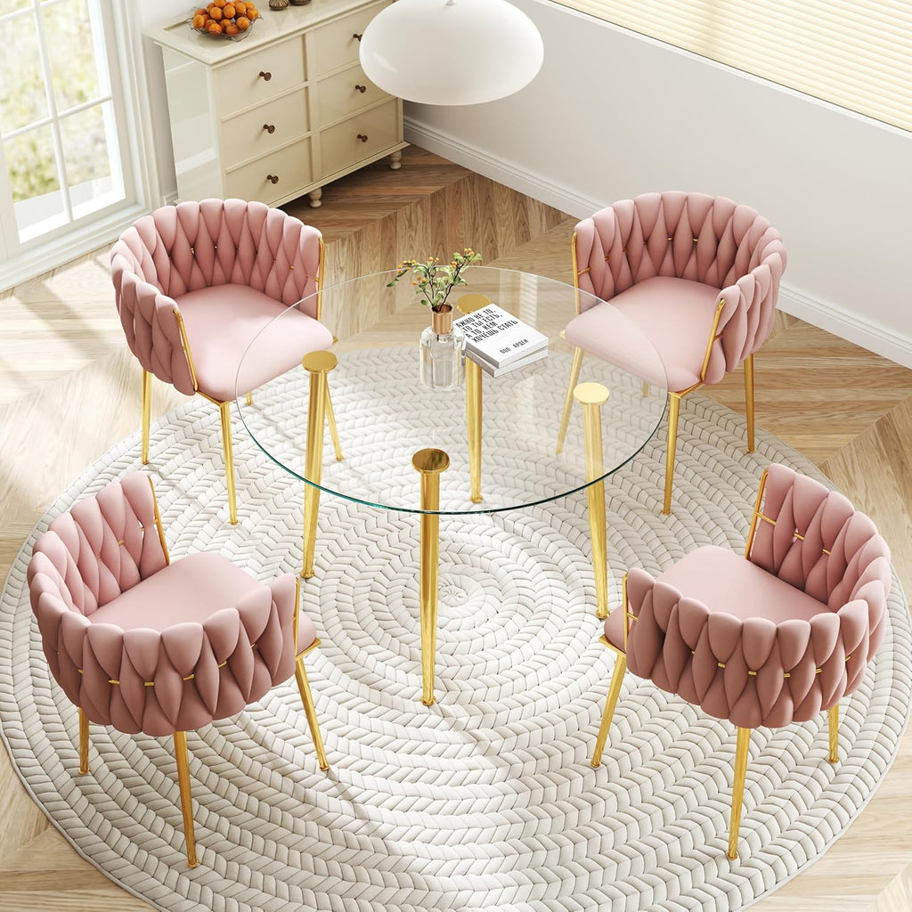 Gold Glass Round Dining Set for 2, 36'' Modern Minimalist Luxury Circle Dinner Room Set, 3 Piece Clear Glass Circular Kitchen Table with Pink Woven Chair Set, for Small Apartment Home