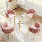 Gold Glass Round Dining Set for 2, 36'' Modern Minimalist Luxury Circle Dinner Room Set, 3 Piece Clear Glass Circular Kitchen Table with Pink Woven Chair Set, for Small Apartment Home
