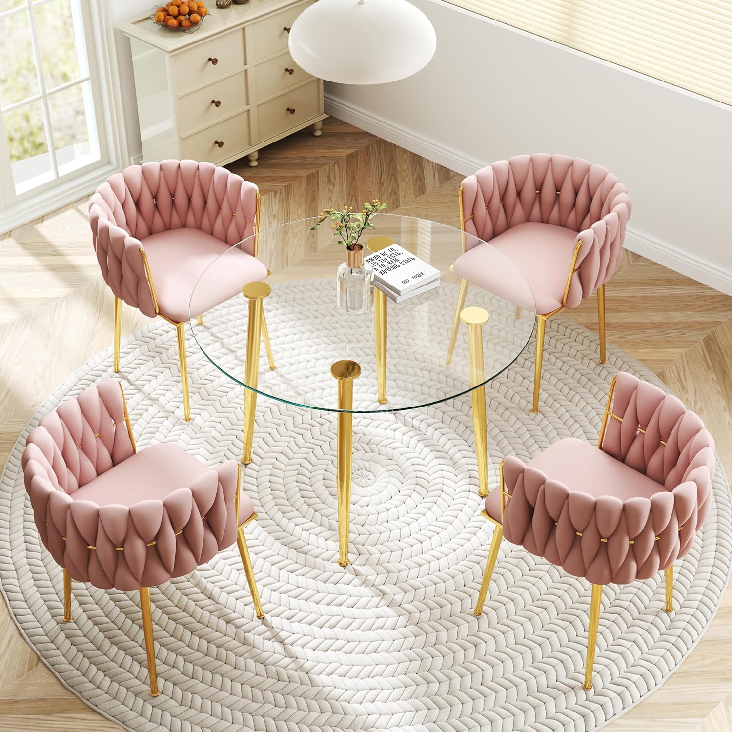 Gold Glass Round Dining Set for 2, 36'' Modern Minimalist Luxury Circle Dinner Room Set, 3 Piece Clear Glass Circular Kitchen Table with Pink Woven Chair Set, for Small Apartment Home