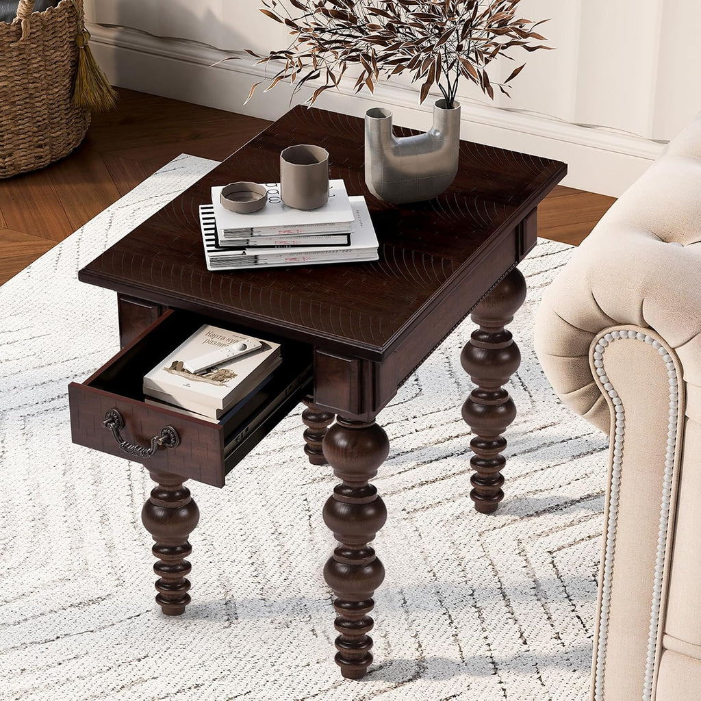 Homora Rectangular Wooden End Table with Storage Drawer, Vintage Narrow Sofa Table with Solid Wood Gourd-Shaped Legs, Farmhouse Side Table for Living Room Apartment Office, Espresso