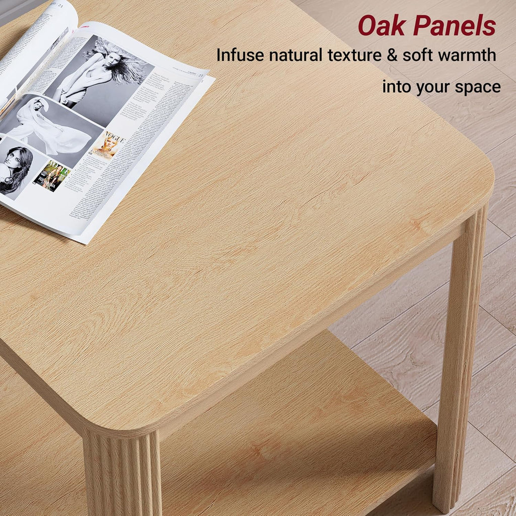 2Pcs 2 Tier End Table with Vertical Wave Grain Legs, 22.1'' Boho Square Side Table for Small Spaces Living Room Bedroom Home Office Oak