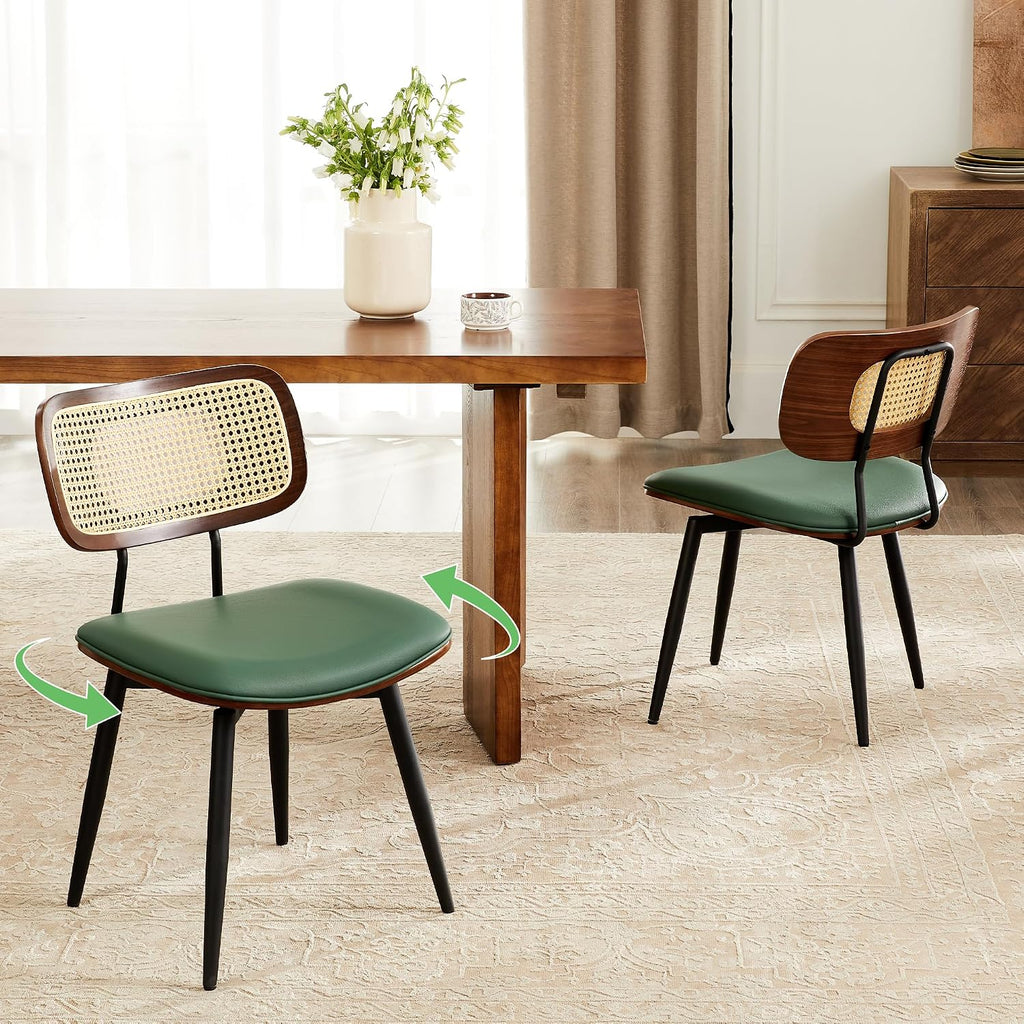 Swivel Dining Chairs with Rattan Back, Modern Green Leather Dining Chairs Set of 2, Swivel Dining Room Chairs Kitchen Side Chairs with Metal Legs and Upholstered Seat for Kitchen & Restaurant