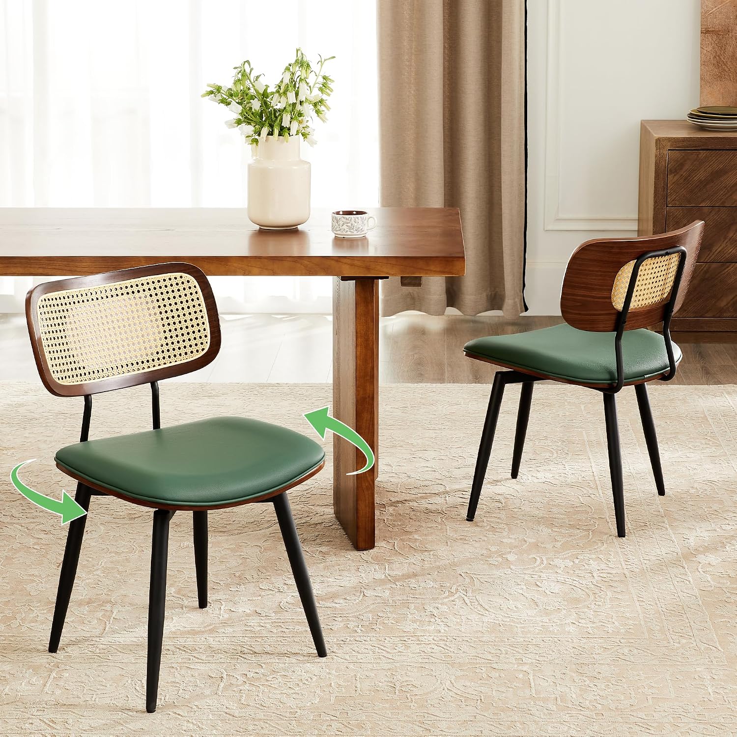 Swivel Dining Chairs with Rattan Back, Modern Green Leather Dining Chairs Set of 2, Swivel Dining Room Chairs Kitchen Side Chairs with Metal Legs and Upholstered Seat for Kitchen & Restaurant