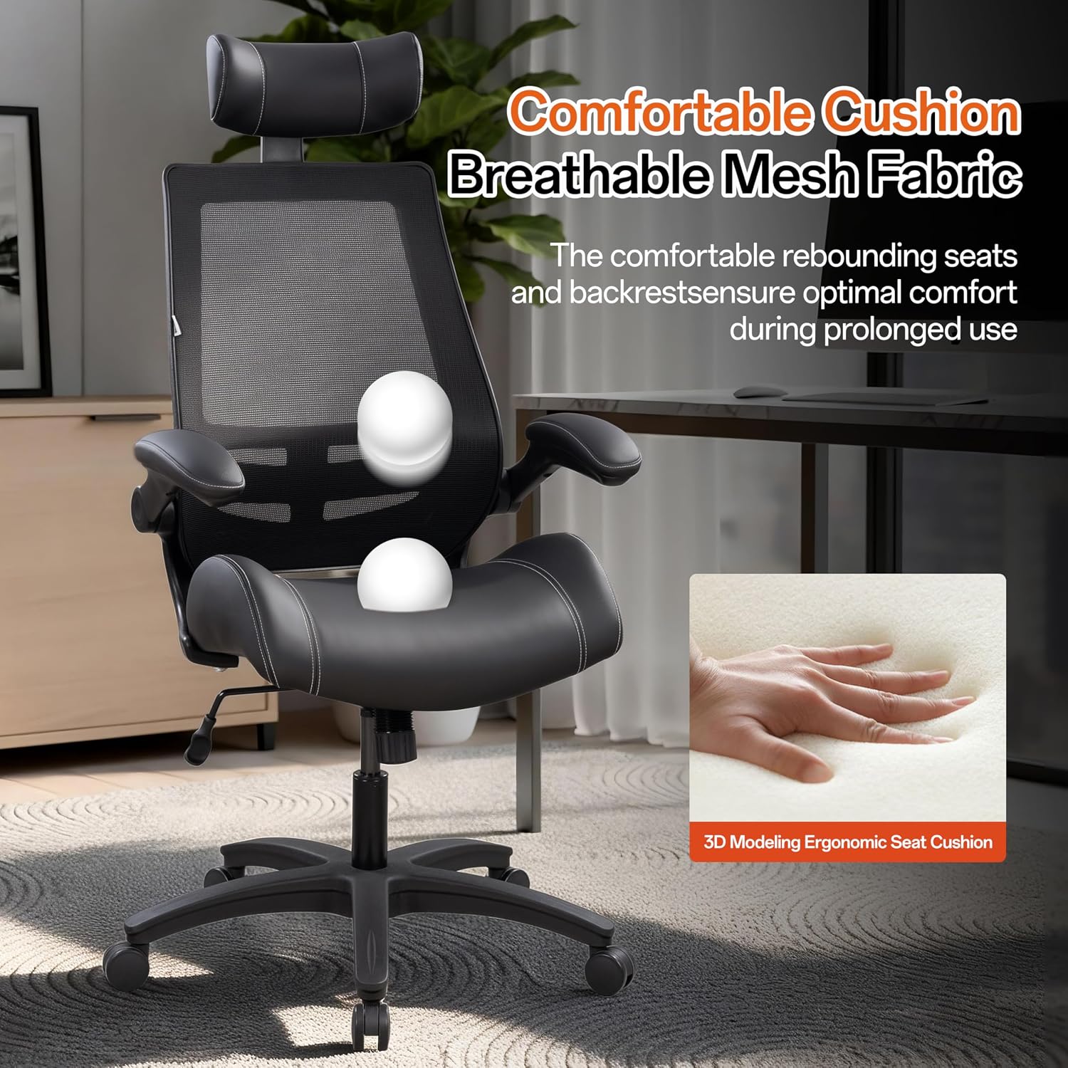 BOLISS Microleather 400lbs Office Chair High-Back Ergonomic Desk Chair with Extra-Thick High-Density Foam Seat, Adjustable Headrest, 90° Flip-Up Arms, and Rocking Tilt for Home & Office