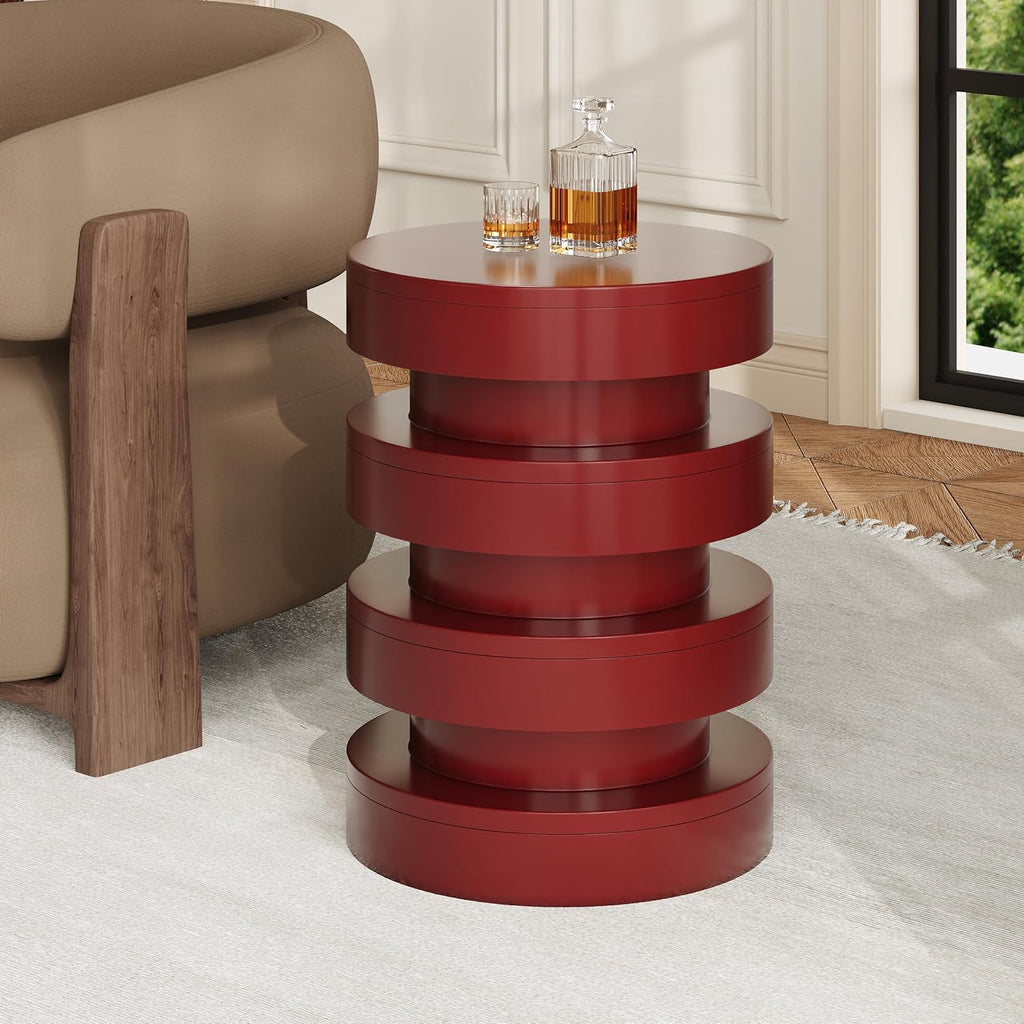 14.2" W Round End Table with 3-Tier Design, Modern MGO Side Table for Indoor Outdoor, Patio Balcony Living Room Accent Furniture, Red Color
