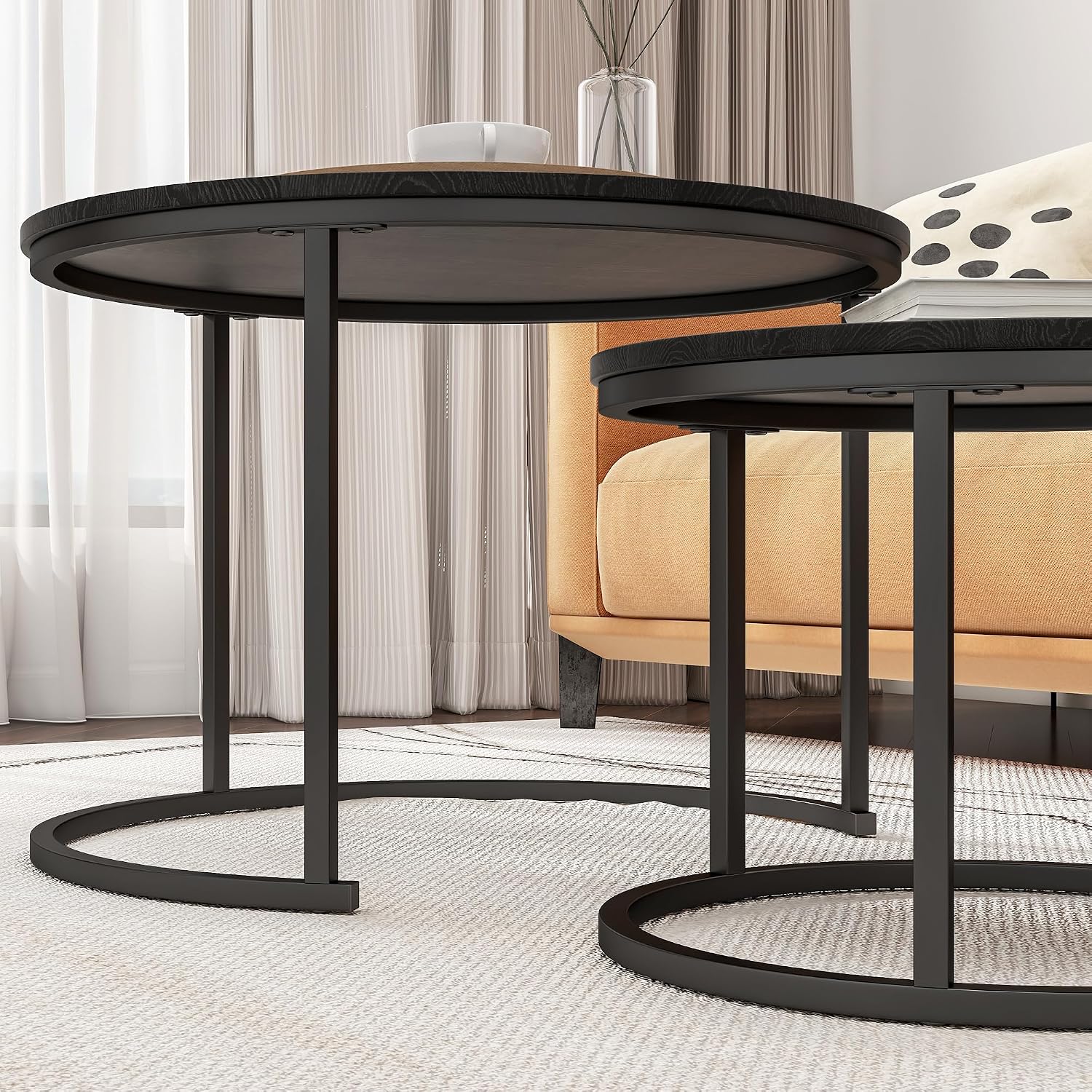 HOJINLINERO Round Coffee Table,Nesting Coffee Table Set of 2,Center Tables for Living Room,Office, Home Small Space,Stacking Side Tables,Sturdy and Easy Assembly,Wood Desktop,Black,Large