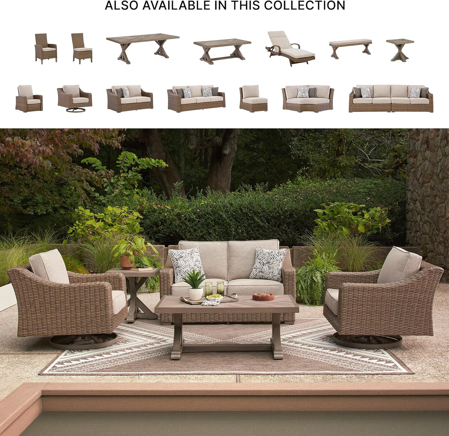 Signature Design by Ashley Carmel Bay Casual Weather and UV Resistant Outdoor Swivel Lounge with Cushion, Light Brown & Beige