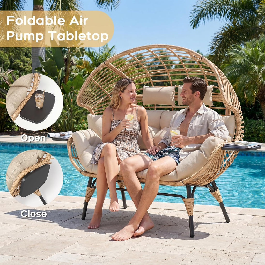 Double Wicker Egg Chair Outdoor Indoor - 2-Person Oversized Loveseat with 8" Thickened Paded Cushion - 700 lbs Weight Capacity Patio Lounge Chair for Balcony Porch Backyard (Beige Radial)