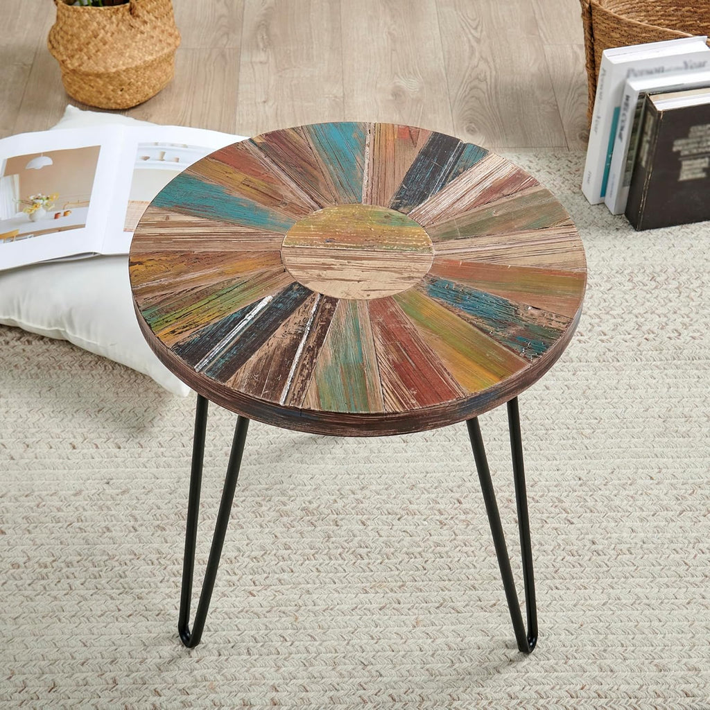 Greeange Solid Wood Round End Table 18" x 18" x 20" Farmhouse Sofa Side Table Multicolor Rustic Boho Accent Coffee Table Furniture for Living Room Bedroom Patio Sun Pattern