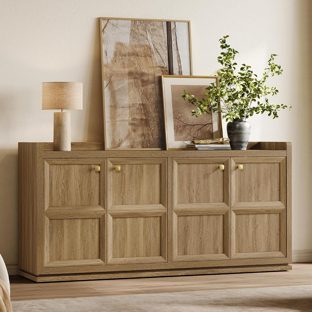 SICOTAS 4-Door Buffet Cabinet, 61.7" Wide Extra Long Sideboard with 2 Separate Bays & Adjustable Shelves, Modern Credenza Storage Cabinet with Gold Handles for Kitchen Living Room, Brown Oak, 1 PCS