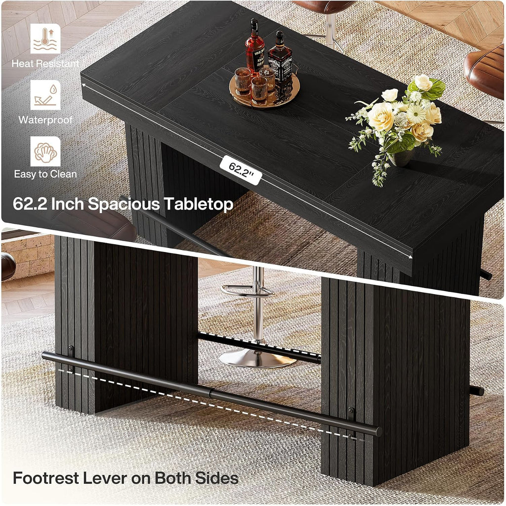 Tribesigns 62.2 Inch Bar Table, Industrial Counter Height Pub Dining Table, Rectangular Home Bar Units with Metal Footrest for Home Kitchen, Dining Room, Bistro, Black