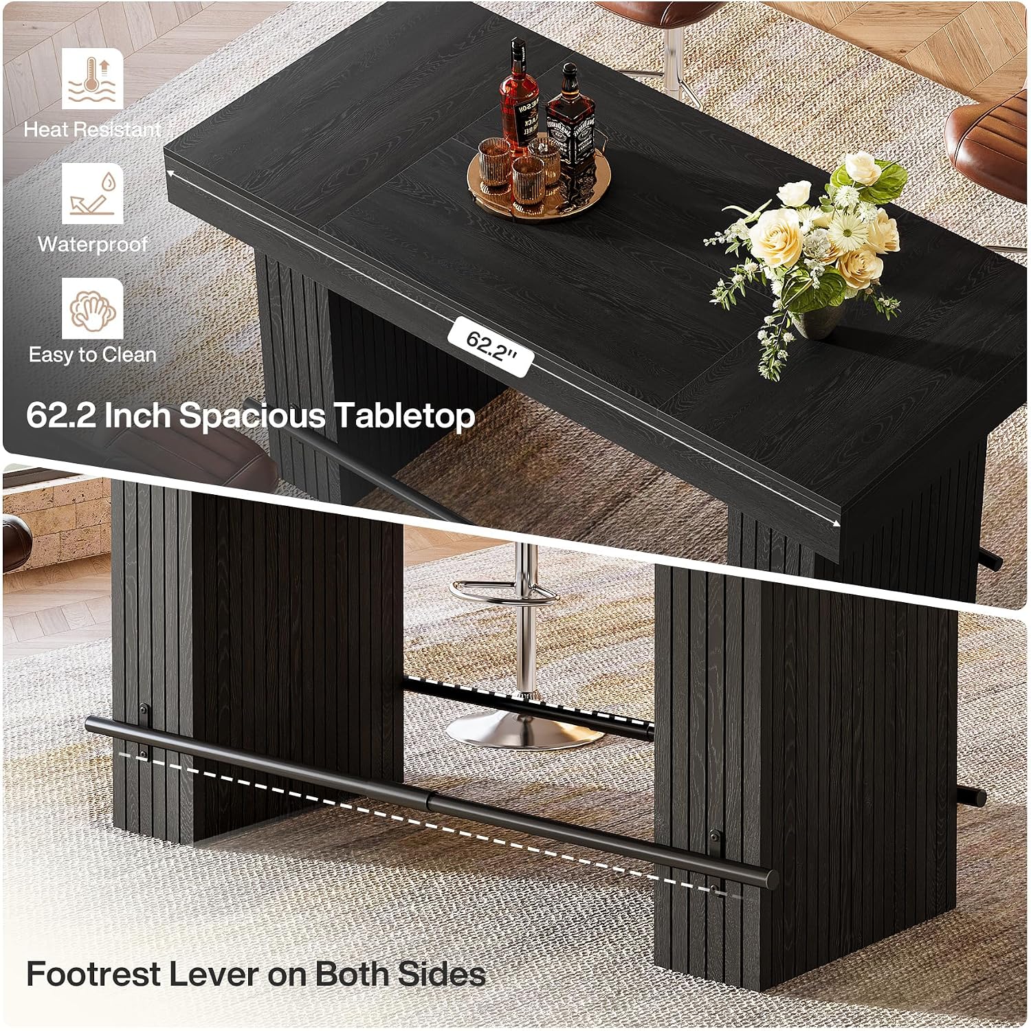 Tribesigns 62.2 Inch Bar Table, Industrial Counter Height Pub Dining Table, Rectangular Home Bar Units with Metal Footrest for Home Kitchen, Dining Room, Bistro, Black