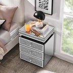 KEIKI Mirrored Nightstand with 3 Drawers, Nightstand with Crystal Inlay, Mirror End Table, Modern Bedside Table, Glass Table for Bedroom, Silver