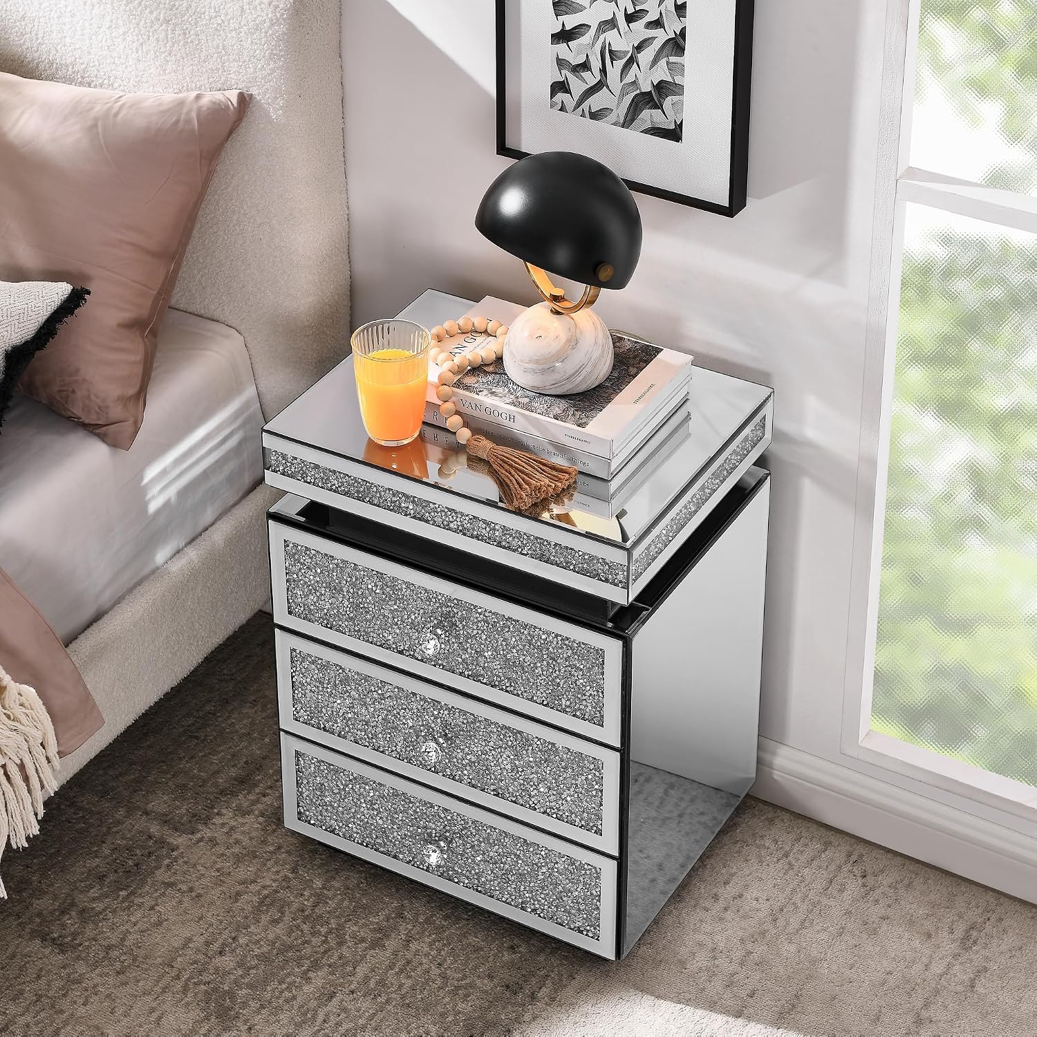 KEIKI Mirrored Nightstand with 3 Drawers, Nightstand with Crystal Inlay, Mirror End Table, Modern Bedside Table, Glass Table for Bedroom, Silver